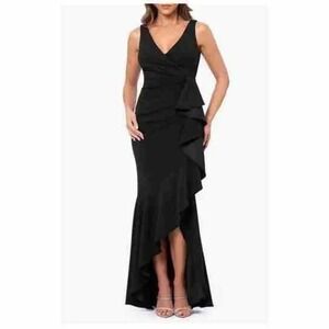 Betsy & Adam V-Neck Cascade Ruffle High-Low Gown In Black By Nordstrom Made USA